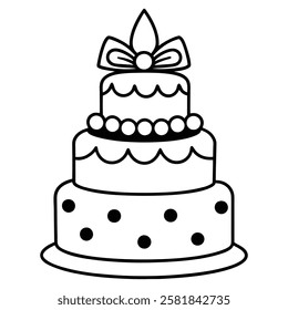 Black and White Birthday Cake Outline with Candle and Bow. Line art birthday cake icon, Set of silhouette birthday cake vector illustration