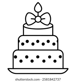 Black and White Birthday Cake Outline with Candle and Bow. Line art birthday cake icon, Set of silhouette birthday cake vector illustration