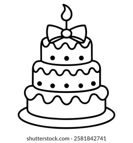 Black and White Birthday Cake Outline with Candle and Bow. Line art birthday cake icon, Set of silhouette birthday cake vector illustration