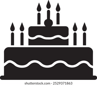 Silhueta de bolo de aniversário preto e branco com velas para eventos temáticos e ilustrações comemorativas