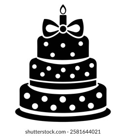 Black and White Birthday Cake Vector with Candle and Bow. Cake icon and symbol of the holiday, birthday,festive, Cake vector illustration isolated on white background