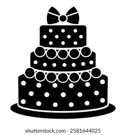 Black and White Birthday Cake Vector with Candle and Bow. Cake icon and symbol of the holiday, birthday,festive, Cake vector illustration isolated on white background