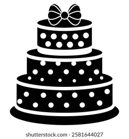 Black and White Birthday Cake Vector with Candle and Bow. Cake icon and symbol of the holiday, birthday,festive, Cake vector illustration isolated on white background