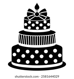 Black and White Birthday Cake Vector with Candle and Bow. Cake icon and symbol of the holiday, birthday,festive, Cake vector illustration isolated on white background