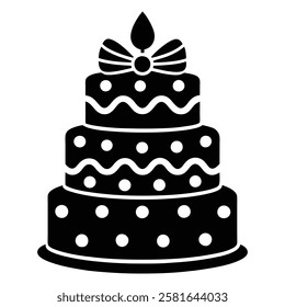 Black and White Birthday Cake Vector with Candle and Bow. Cake icon and symbol of the holiday, birthday,festive, Cake vector illustration isolated on white background