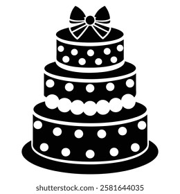 Black and White Birthday Cake Vector with Candle and Bow. Cake icon and symbol of the holiday, birthday,festive, Cake vector illustration isolated on white background