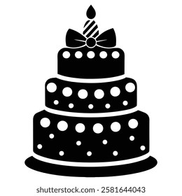 Black and White Birthday Cake Vector with Candle and Bow. Cake icon and symbol of the holiday, birthday,festive, Cake vector illustration isolated on white background