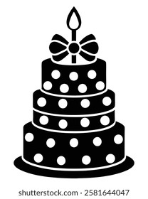 Black and White Birthday Cake Vector with Candle and Bow. Cake icon and symbol of the holiday, birthday,festive, Cake vector illustration isolated on white background