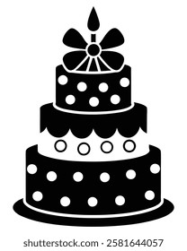 Black and White Birthday Cake Vector with Candle and Bow. Cake icon and symbol of the holiday, birthday,festive, Cake vector illustration isolated on white background