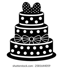 Black and White Birthday Cake Vector with Candle and Bow. Cake icon and symbol of the holiday, birthday,festive, Cake vector illustration isolated on white background