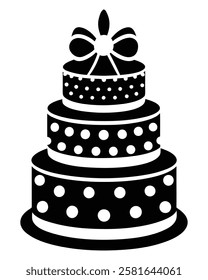 Black and White Birthday Cake Vector with Candle and Bow. Cake icon and symbol of the holiday, birthday,festive, Cake vector illustration isolated on white background