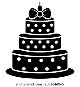 Black and White Birthday Cake Vector with Candle and Bow. Cake icon and symbol of the holiday, birthday,festive, Cake vector illustration isolated on white background