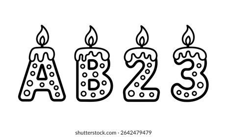 Black and white birthday candles shaped like numbers A, B, 2 and 3.