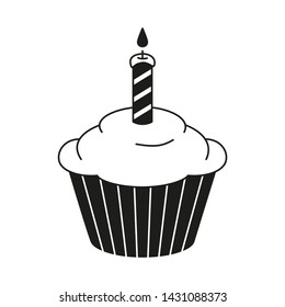 Black and white birthday cupcake, burning candle on top. Holiday party themed vector illustration for icon, stamp, label, certificate, brochure, gift card, poster, coupon or banner decoration