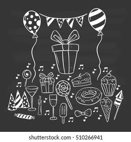 black and white birthday elements set using doodle art on chalkboard background
