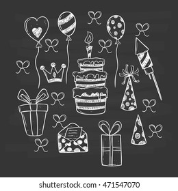 Black and white birthday party icons set using hand drawing style on chalkboard background