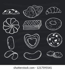 black and white biscuits collection with hand drawn style on chalkboard background