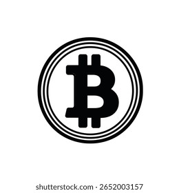 O logotipo Bitcoin preto e branco apresenta um B maiúsculo com uma linha vertical que passa pelo centro, dentro de um círculo em negrito e com três linhas. Ícone de moeda digital.