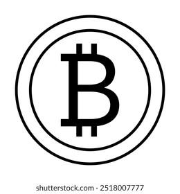 Símbolo Bitcoin preto e branco, entre dois círculos concêntricos. Ideal para temas de moeda digital, educação criptomoeda, tecnologia blockchain, aplicativos financeiros e fintech.