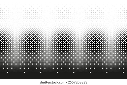 Black and white bitmap texture. Abstract dither pattern vector background. Glitch screen with flicker pixels dots effect. 8 bit pixel art retro design. Square dotted horizontal mosaic backdrop