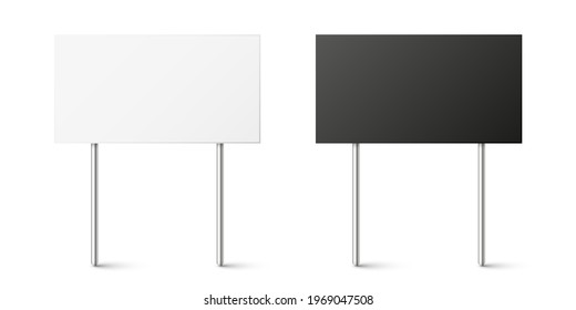 Black and white blank boards with place for text, protest sign. Realistic demonstration or advertising banner. Strike action cardboard placard mockup. Vector illustration.