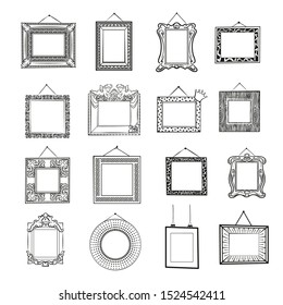 Black and white blank picture frames. Classic, modern and vintage blank frames. Line art set