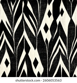 Black and white block print of an abstract pattern with diamonds, stripes, grunge lines ikat pattern, striped seamless pattern, Vector illustration background for print the paper.