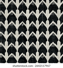 Black and white block print of small arrowhead shapes, grunge lines ikat pattern, ikat seamless pattern, Vector illustration background for print the paper.