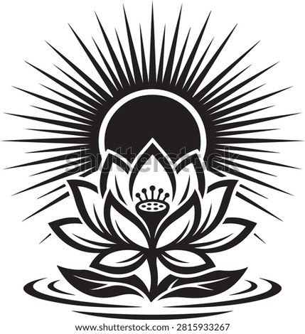 Black and white of a blooming lotus flower centered below a rising sun with radiating light beams on a white background