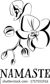 Black and white blossom artwork, dynamic vector illustration with-namaste-lettering, isolated on white background