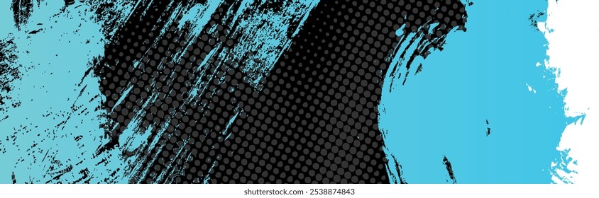 black, white, and blue abstract background with grunge halftone brush strokes pattern. landscape horizontal layout design. Dots pop art comics sport style vector illustration modern grunge