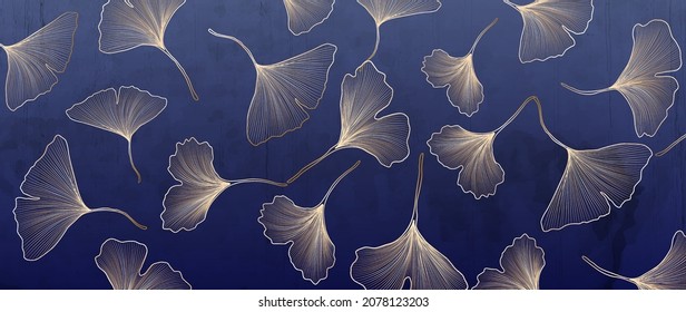 Black and white with blue art background with golden ginkgo leaves. Abstract botanical banner for design decoration in oriental style