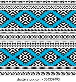 black, white and blue color tribal Navajo seamless pattern. aztec grunge abstract geometric art print. ethnic hipster backdrop. Wallpaper, cloth design, fabric, paper, wrapping, textile, postcards.  