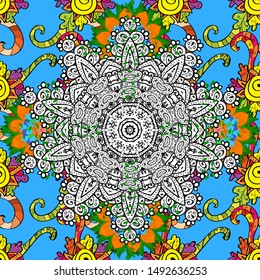 Black, white and blue colors with colored ornament mandala, based on ancient greek and islamic ornaments. For wedding invitation, book cover or flyer.
