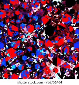 Black, white, blue, black colors. Dots, hexagons, different shapes mix random. Urban seamless texture. Abstract vector background for web page, banners, fabric, home decor, wrapping