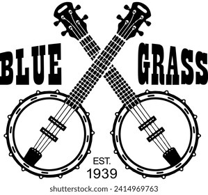 Black and white blue grass crossed, intersecting dueling banjos music logo. Vector eps graphic design. 