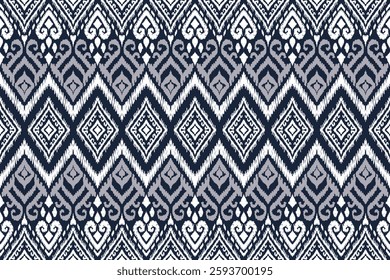Black white blue ikat vector pattern, hand draw painting, fabric abstract, ethnic embroidery style.