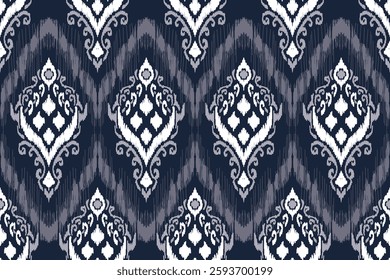 Black white blue ikat vector pattern, hand draw painting, fabric abstract, ethnic embroidery style.