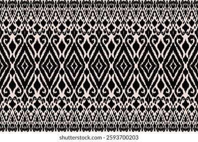 Black white blue ikat vector pattern, hand draw painting, fabric abstract, ethnic embroidery style.