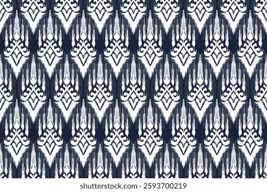 Black white blue ikat vector pattern, hand draw painting, fabric abstract, ethnic embroidery style.