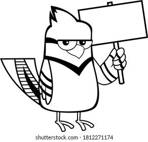 Black And White Blue Jay Bird Cartoon Character With Blank Sign. Vector Illustration Isolated On White Background