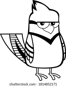 Personaje De Caricatura De Aves Jay De Color Negro Y Blanco Azul. Ilustración Del Vector Aislada En Fondo Blanco