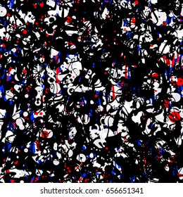 Black, white, blue, red colors. Abstract background from circles and twisted stripes. Vector seamless texture for fabric, wrapping, home decor.