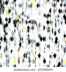 Black, white, blue, yellow colors. Vertical lines, small triangle particles and rhombus. Seamless texture. Abstract vector background for web page, banners backdrop, fabric, home decor, wrapping
