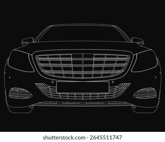 Black and white blueprint of a car with clean contour lines, technical design details, and sleek silhouette against a dark background. The precise engineering drawing highlights.