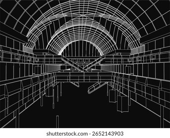 Um desenho a preto e branco revela o interior de um edifício aeroportuário com um telhado curvo distintivo. O fundo escuro realça a atmosfera misteriosa do projeto arquitetônico.