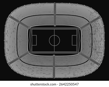 Black and white blueprint style soccer stadium illustration with detailed contour lines. The design features seating arrangements, a central field, and surrounding stands on a dark background.