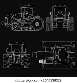 Black and white blueprint of three tractors on a dark background, each with unique shapes and detailed designs. Features include headlights, grilles, wheels, and other mechanical elements.