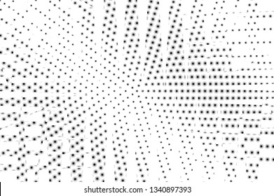 Black white blurry halftone vector background. Centered dot gradient. Broken dotwork surface. Round dotted halftone. Retro halftone overlay. Vintage distressed effect. Monochrome perforated texture