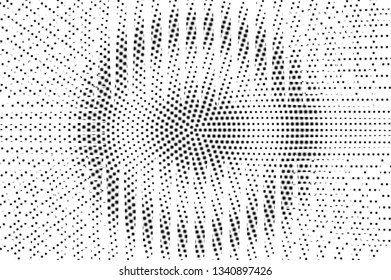Black and white blurry halftone vector background. Circular dot gradient. Rough dotwork surface. Distorted dotted halftone. Retro halftone overlay. Monochrome perforated texture